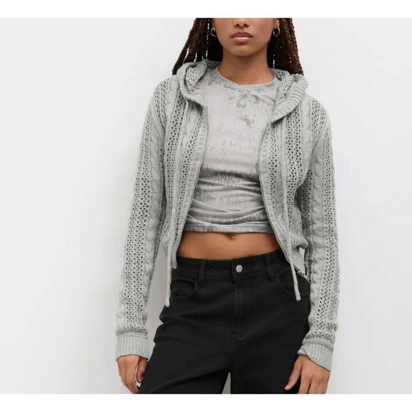 Cider Knit Hooded Zipper Hollow Out Cardigan Gray Open Knit Size XS - Picture 2 of 12